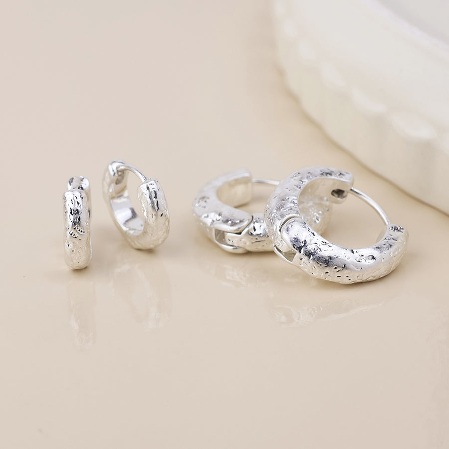 Molten Silver Plated Worn Textured Huggie Hoop Duo