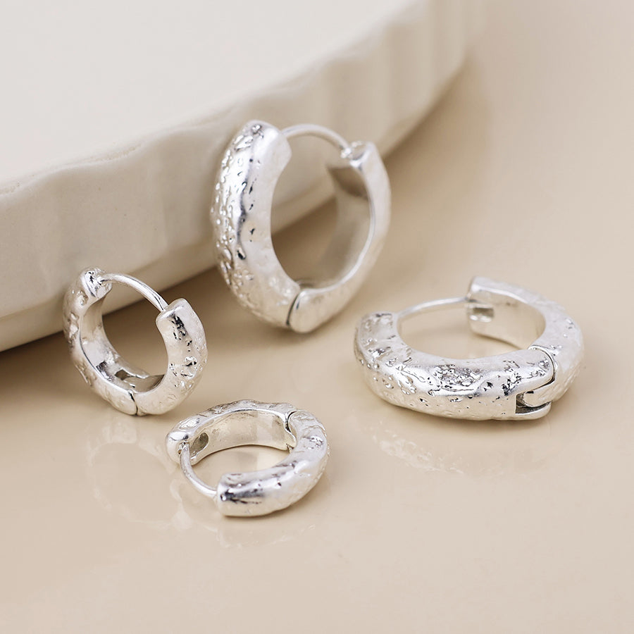 Molten Silver Plated Worn Textured Huggie Hoop Duo