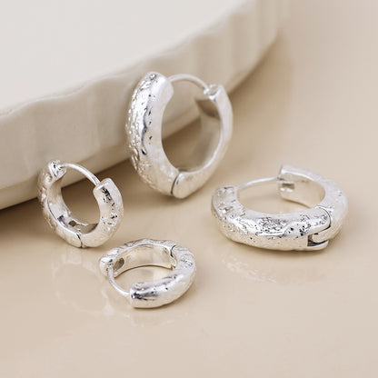 Molten Silver Plated Worn Textured Huggie Hoop Duo