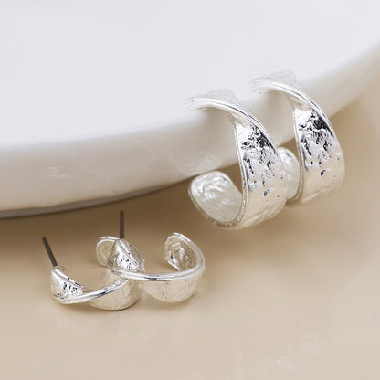 Molten Silver Plated Worn Textured Twist Hoop Duo