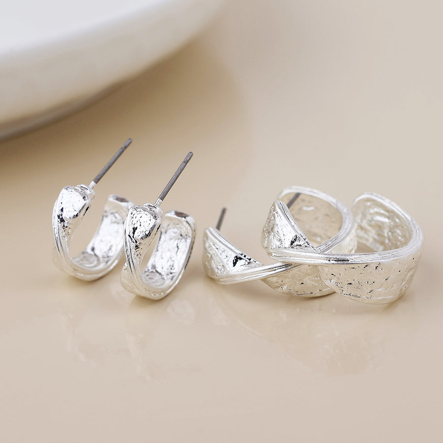 Molten Silver Plated Worn Textured Twist Hoop Duo