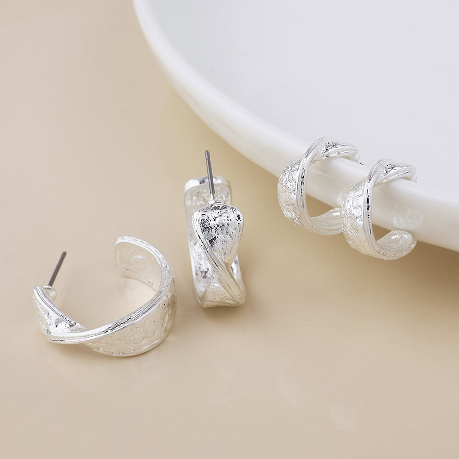 Molten Silver Plated Worn Textured Twist Hoop Duo
