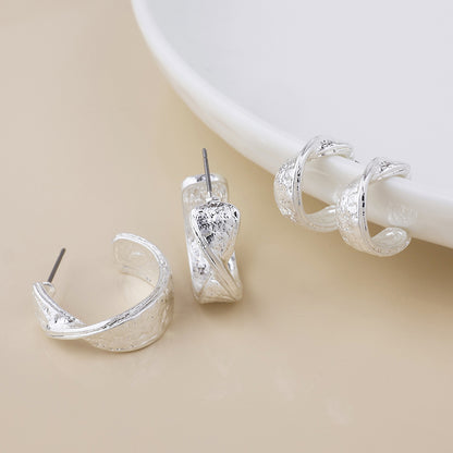 Molten Silver Plated Worn Textured Twist Hoop Duo