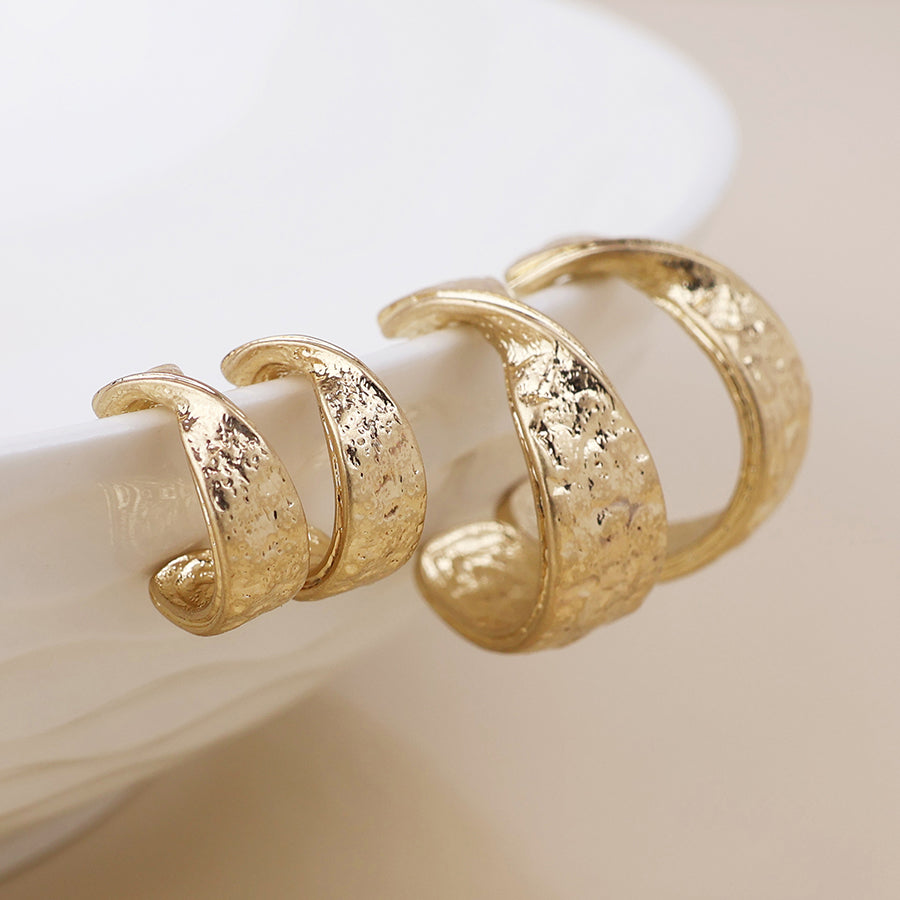 Molten Golden Worn Textured Twist Hoop Duo