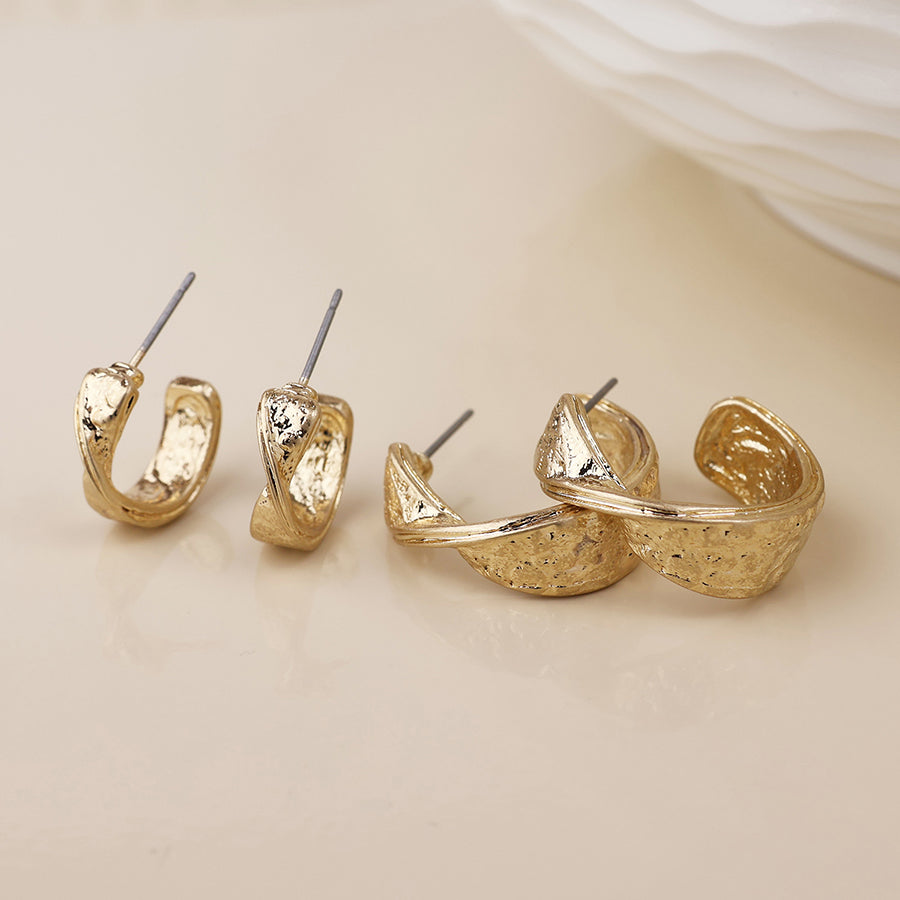 Molten Golden Worn Textured Twist Hoop Duo