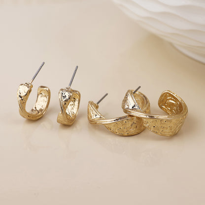 Molten Golden Worn Textured Twist Hoop Duo