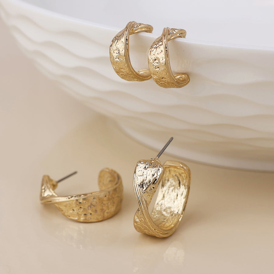 Molten Golden Worn Textured Twist Hoop Duo