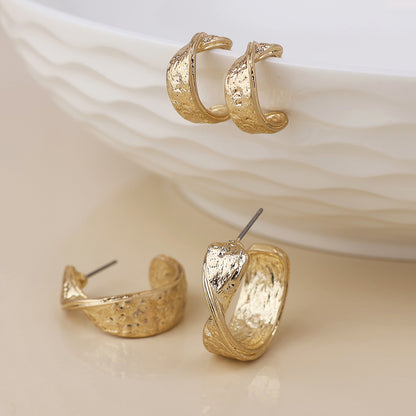 Molten Golden Worn Textured Twist Hoop Duo