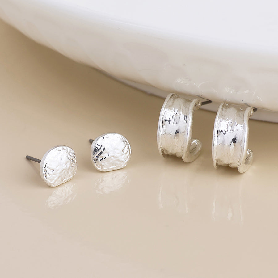Solstice Silver Plated Worn Textured Pebble Stud and Hoop Duo