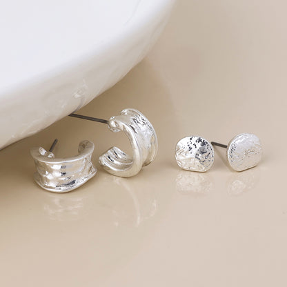 Solstice Silver Plated Worn Textured Pebble Stud and Hoop Duo