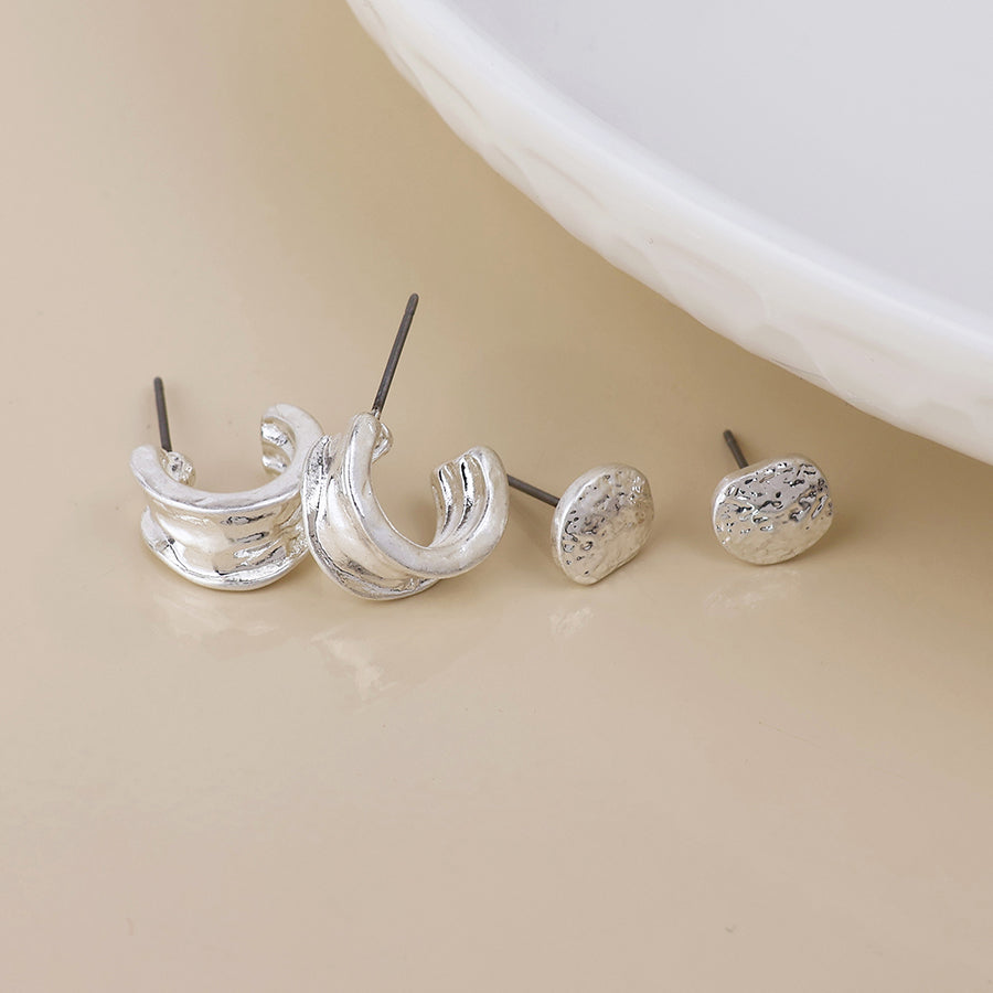 Solstice Silver Plated Worn Textured Pebble Stud and Hoop Duo