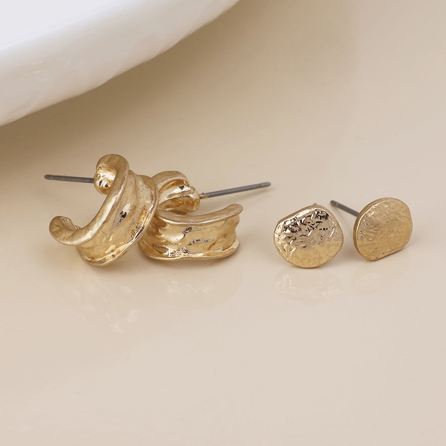 Solstice Golden Worn Textured Pebble Stud and Hoop Duo