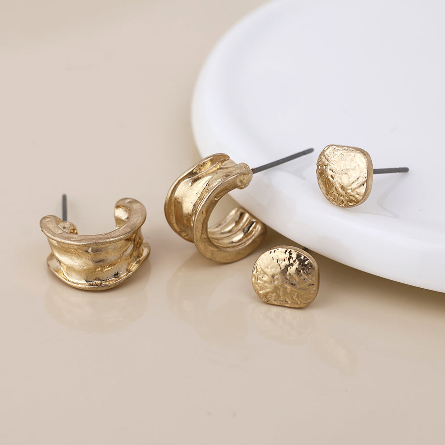 Solstice Golden Worn Textured Pebble Stud and Hoop Duo