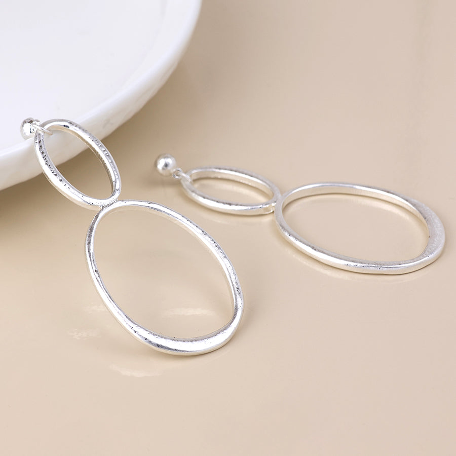 Aura Worn Silver Plated Double Oval Drop Earrings