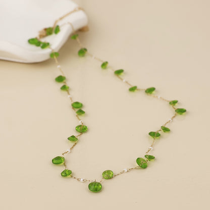 Lyra Golden Station Necklace with Green Crystal Drops and Pearls