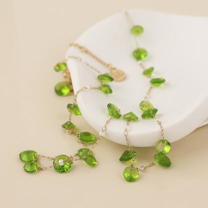 Lyra Golden Station Necklace with Green Crystal Drops and Pearls
