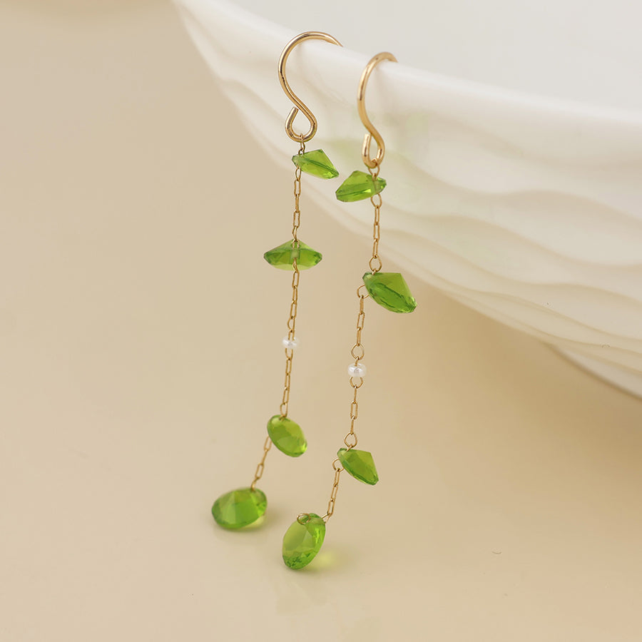 Lyra Golden Chain Earrings with Green Crystal Drops and Pearls