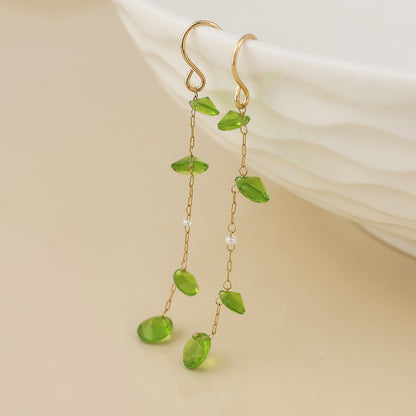 Lyra Golden Chain Earrings with Green Crystal Drops and Pearls