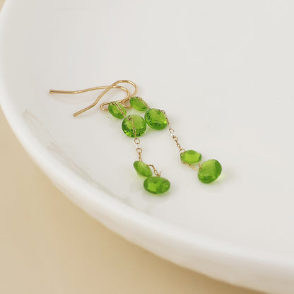 Lyra Golden Chain Earrings with Green Crystal Drops and Pearls