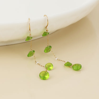 Lyra Golden Chain Earrings with Green Crystal Drops and Pearls