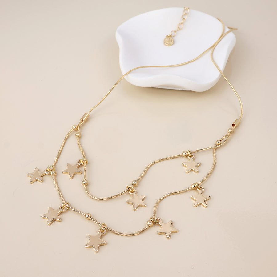 Stardust Golden Double Strand Star Drops Necklace