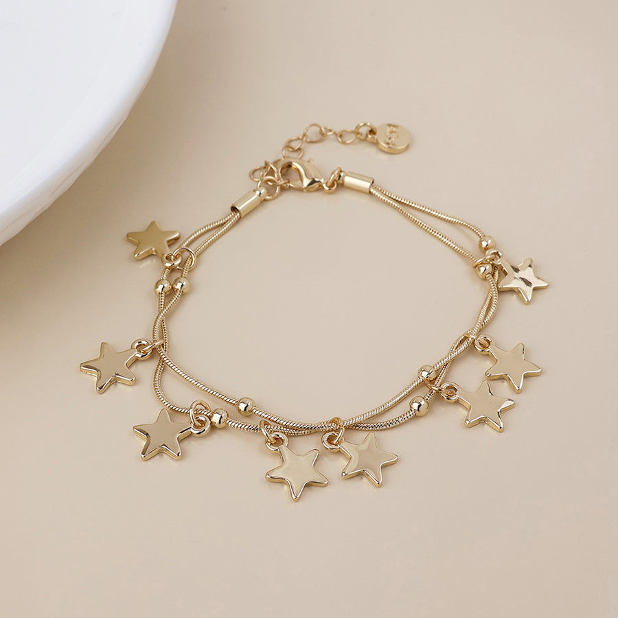 Stardust Golden Double Strand Star Drops Bracelet