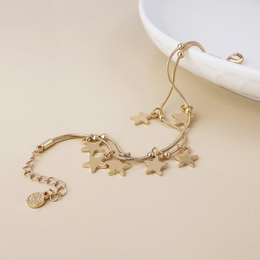 Stardust Golden Double Strand Star Drops Bracelet
