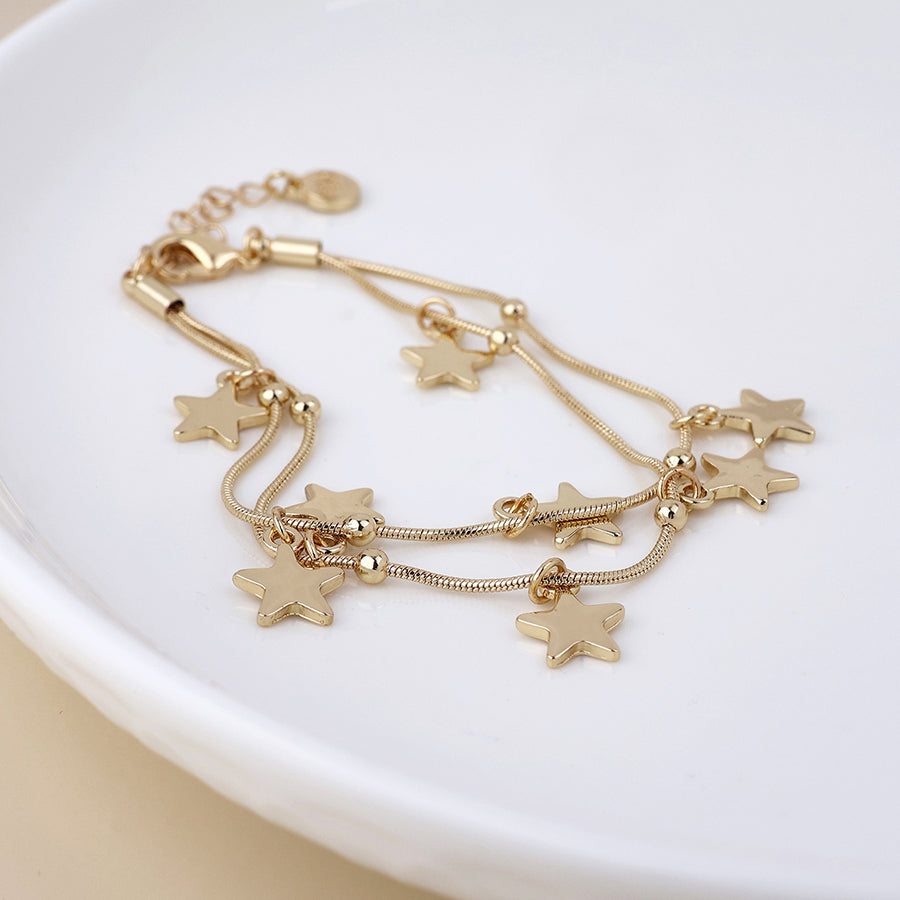 Stardust Golden Double Strand Star Drops Bracelet