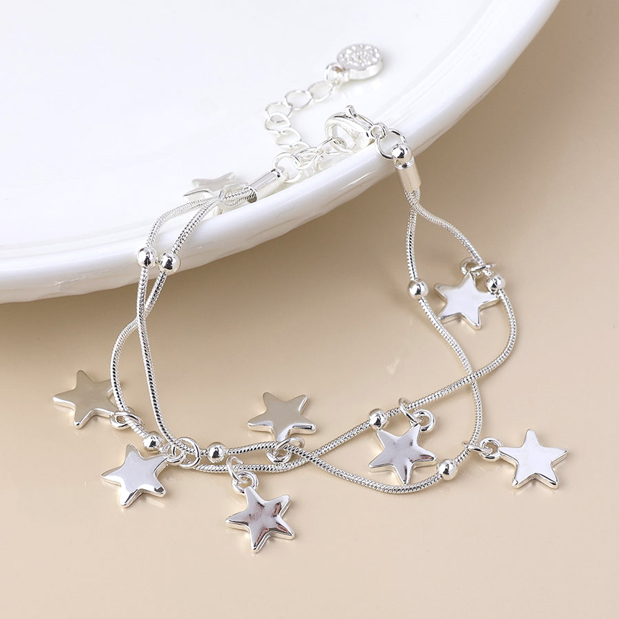 Stardust Silver Plated Double Strand Star Drops Bracelet