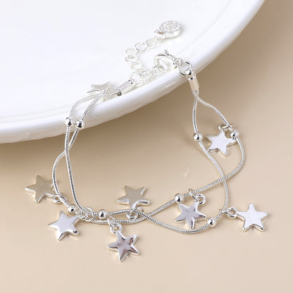 Stardust Silver Plated Double Strand Star Drops Bracelet