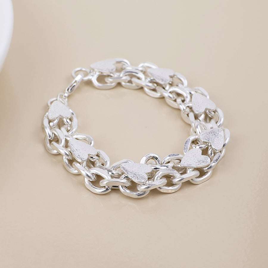 Unity Silver Plated Worn Chunky Chains and Hearts Bracelet