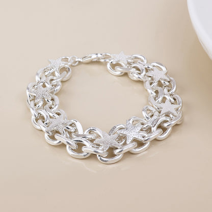 Unity Silver Plated Worn Chunky Chains and Stars Bracelet