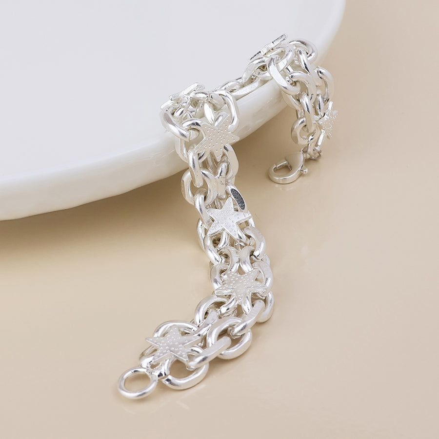Unity Silver Plated Worn Chunky Chains and Stars Bracelet
