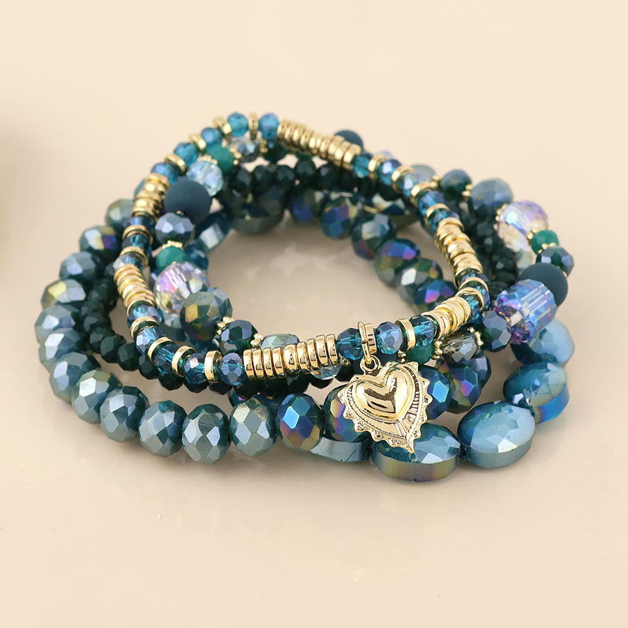 Misty Five Bracelet Teal Mix Beaded Stack with Golden Heart