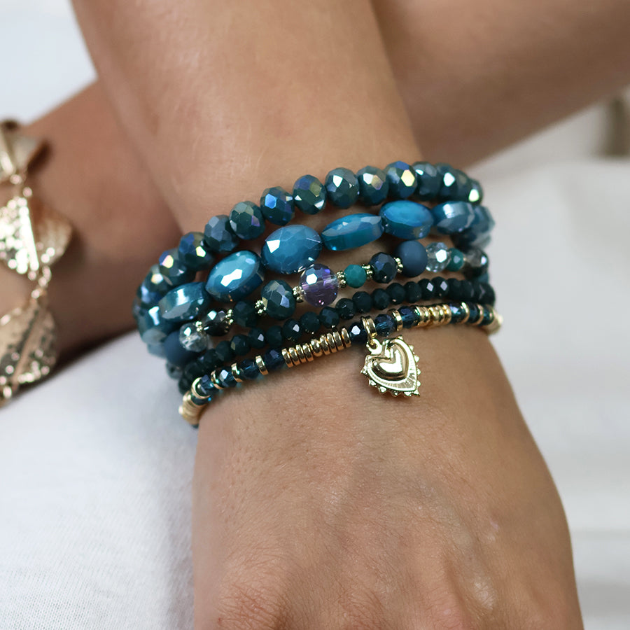 Misty Five Bracelet Teal Mix Beaded Stack with Golden Heart