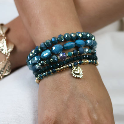 Misty Five Bracelet Teal Mix Beaded Stack with Golden Heart