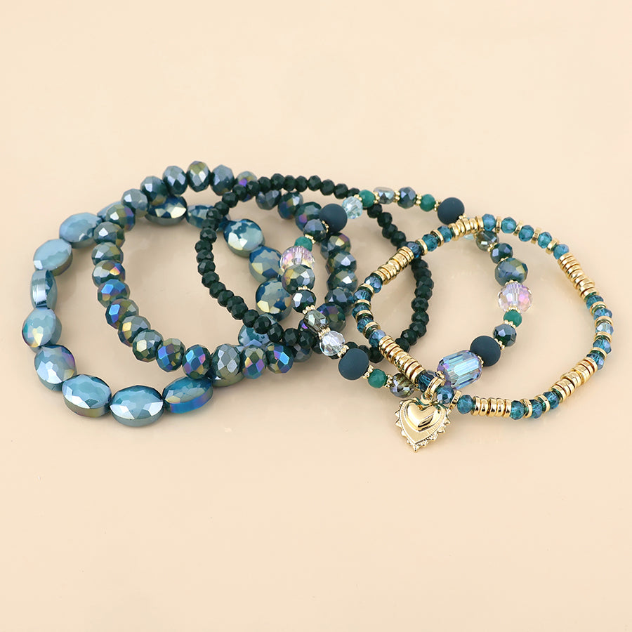 Misty Five Bracelet Teal Mix Beaded Stack with Golden Heart