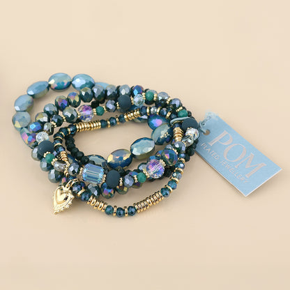Misty Five Bracelet Teal Mix Beaded Stack with Golden Heart