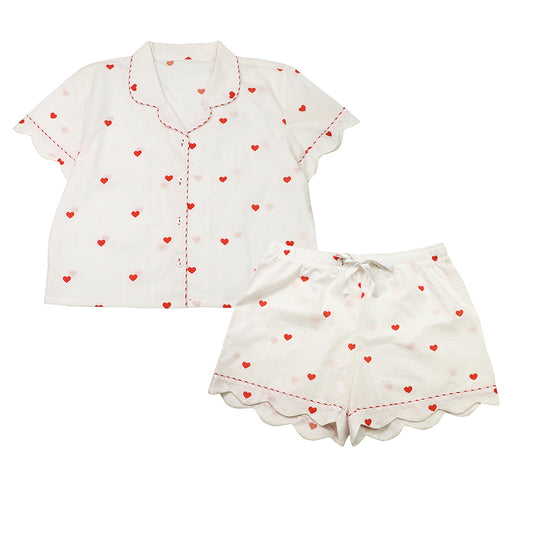 Off White/Red Hearts Cotton Print PJ Set Shirt and Shorts Size Small UK 8/10