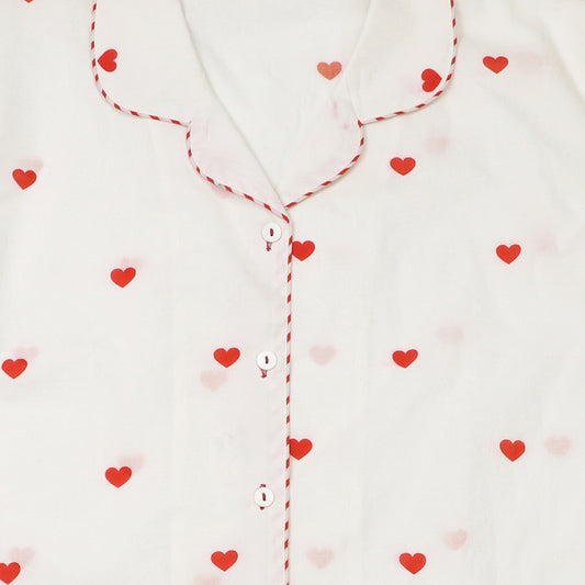 Off White/Red Hearts Cotton Print PJ Set Shirt and Shorts Size Small UK 8/10