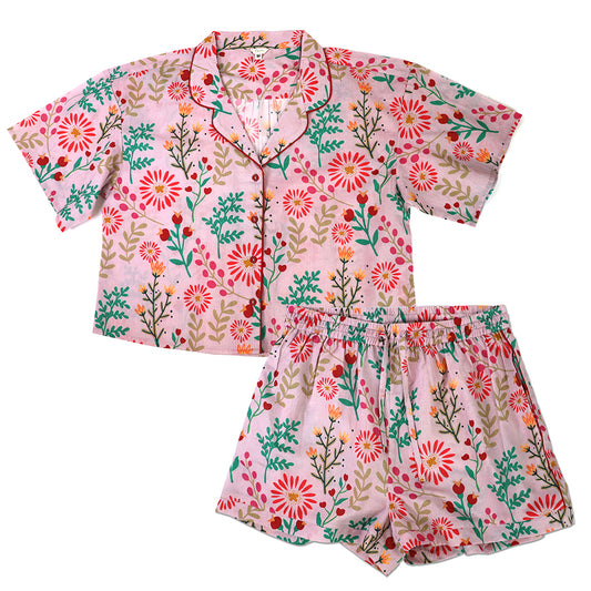 Pink Mix Summer Meadow Cotton Short PJ Set with Gift Bag Size Large UK 16/18