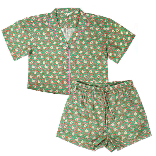 Olive Green Floral Cotton Short PJ Set with Gift Bag Size Large UK 16/18