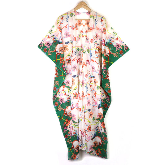 Green/White/Multi Floral Organic Cotton Long Beach Cover Up Kraftan with Waist Tie