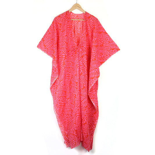 Red/Pink Vine Silhouette Organic Cotton Long Beach Cover Up Kraftan with Waist Tie