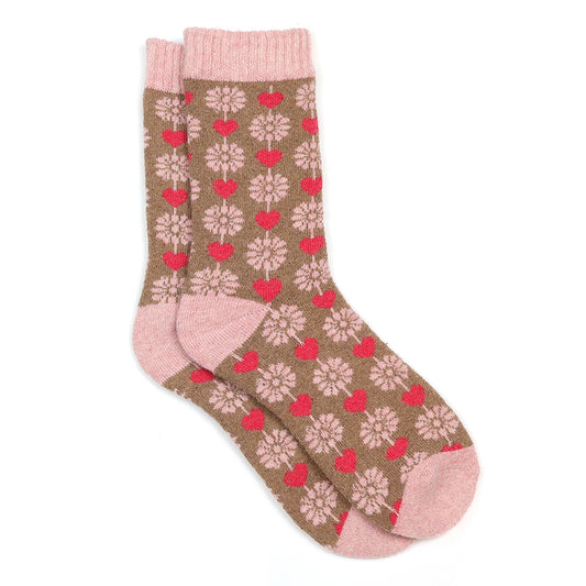 Pink and Taupe Flower and Heart Socks