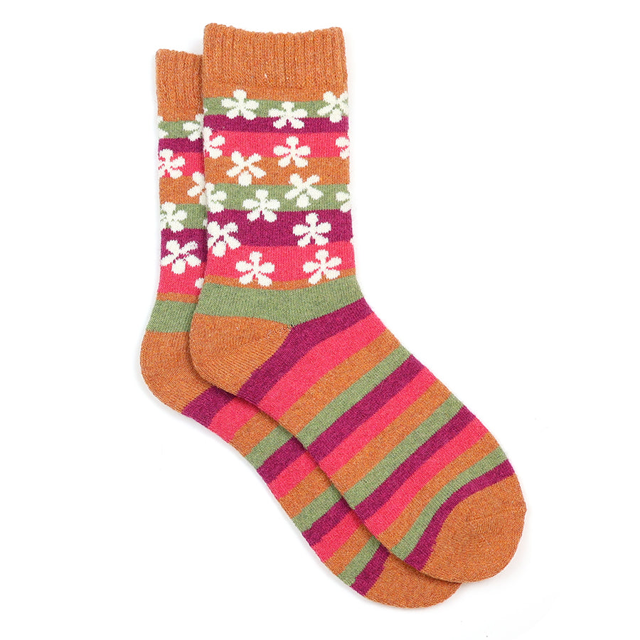 Orange Multi Mix Stripe and Flowers Socks