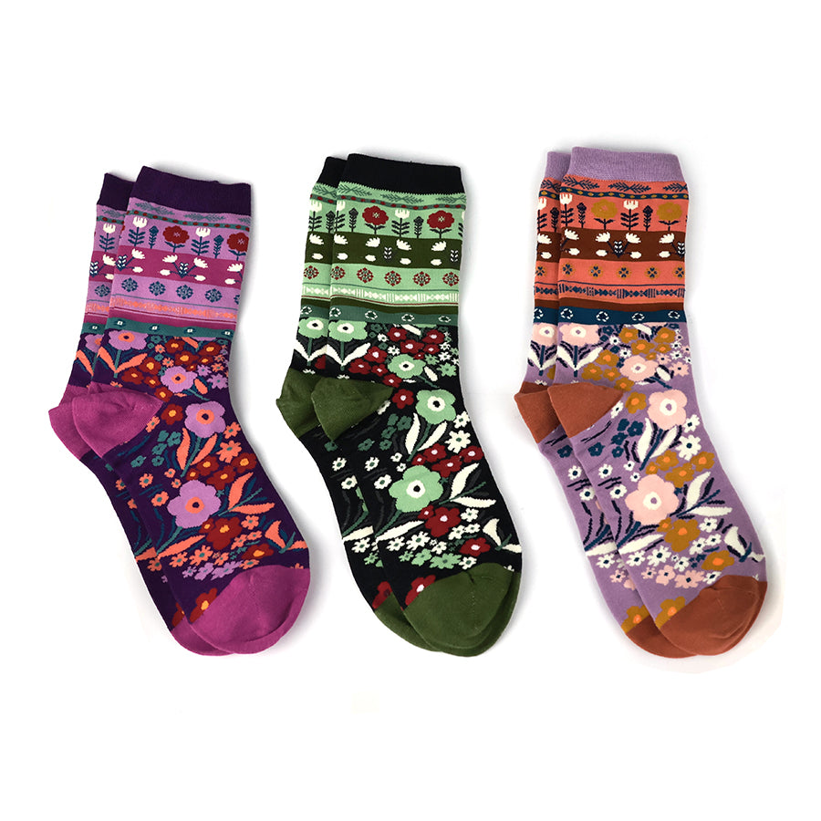 Bold Floral Navy/Green/Purple Boxed Set Recycled Cotton Blend Socks