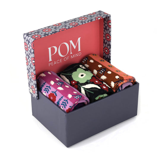 Bold Floral Navy/Green/Purple Boxed Set Recycled Cotton Blend Socks