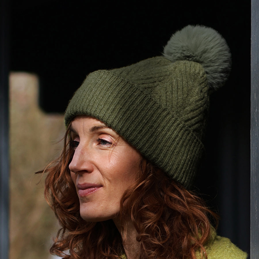Charlotte Moss Green Herringbone Knit Bobble Hat