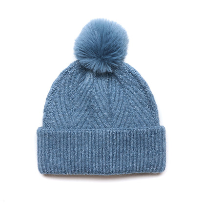 Charlotte Dusky Blue Herringbone Knit Bobble Hat